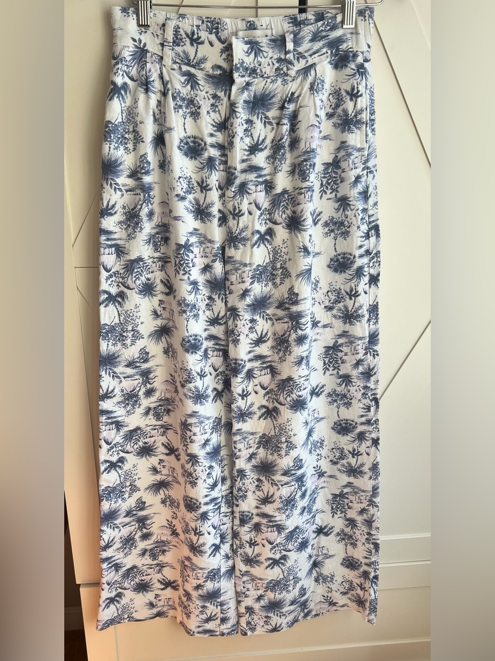 Abercrombie & Fitch Linen-Blend Wide Leg Pants Blue White Toile Tropical Size M